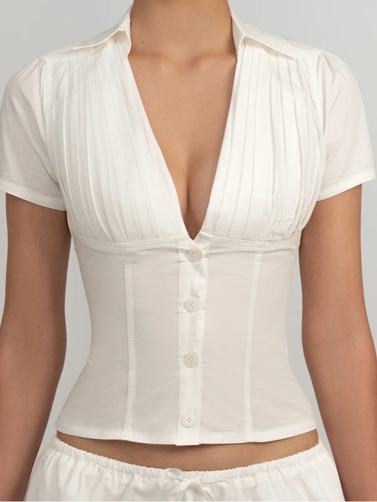 Fenity Tops - White Pleated V-Neck Button Front Top